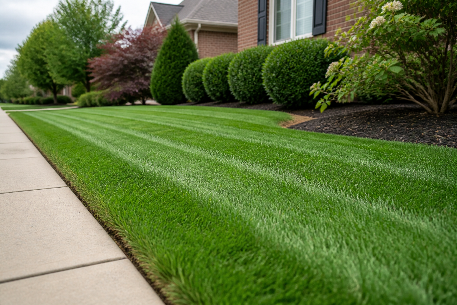 Freshly mowed and edged residential lawn in Lee's Summit, Missouri