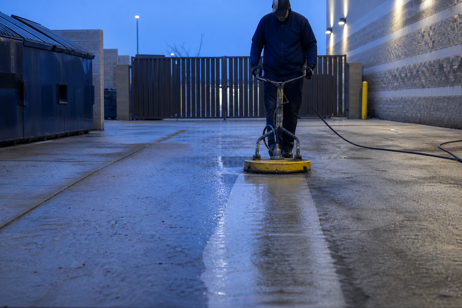 Commercial sidewalk and dumpster enclosure area being pressure washed